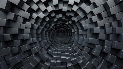 A spiral tunnel made of dark cubes, creating a 3D illusion of depth and texture.