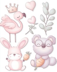 Adorable Baby Animals Illustration: Cute Flamingo, Bunny, Koala with Carrots, Hearts and Leaves