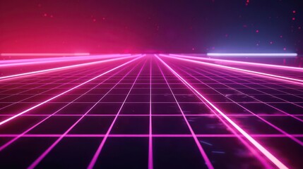 Futuristic landscape with glowing grid lines and vibrant colors.