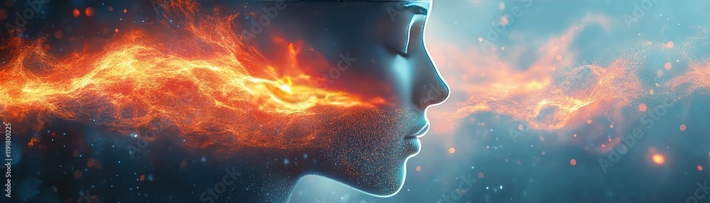 Poster exploring the fusion of technology and human emotion in a digital art portrait futuristic setting ab