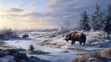 The Ice Age, known as the glacial period, presents a view of the frozen wasteland, a time in geological history when temperatures were much lower than today.The Ice