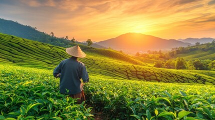 Traditional Farmer in Scenic Tea Plantation at Sunrise