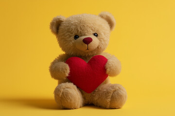 Cute teddy bear holding red heart Valentines Day isolated color background