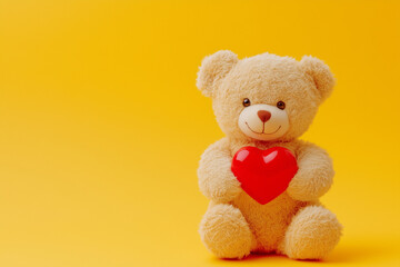 Cute teddy bear holding red heart Valentines Day isolated color background