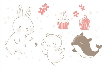 Adorable Cartoon Animals and Cupcakes Illustration: A Whimsical Design Featuring a Bunny, Polar Bear, Dolphin, and Sweet Treats