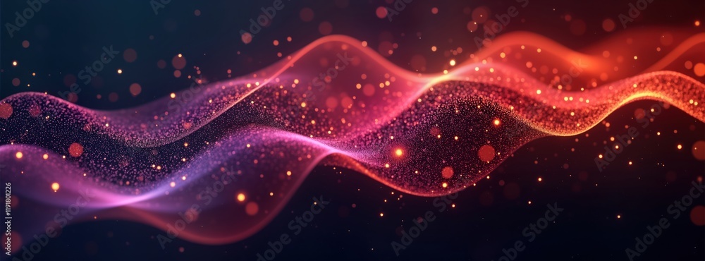 Aufkleber Abstract digital wave pattern with glowing particles. Colorful dynamic lines create motion effect. Bokeh effect enhances visual appeal. Perfect for tech background digital art projects. Multicolored