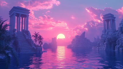 Obraz premium Serene sunset over ancient ruins coastal landscape digital art tranquil waters vibrant colors fantasy concept