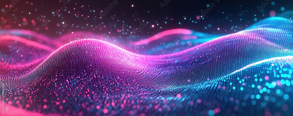 Poster dynamic digital waves abstract visualization artistic display neon colors close-up motion graphics c