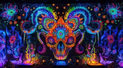A vibrant, psychedelic mural featuring a colorful skull and intricate patterns.
