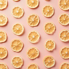 Uniform pattern of dried lemon slices with shadow on a pink background. natural healthy of organic sweet lime vitamin food for natural diet, fresh topview