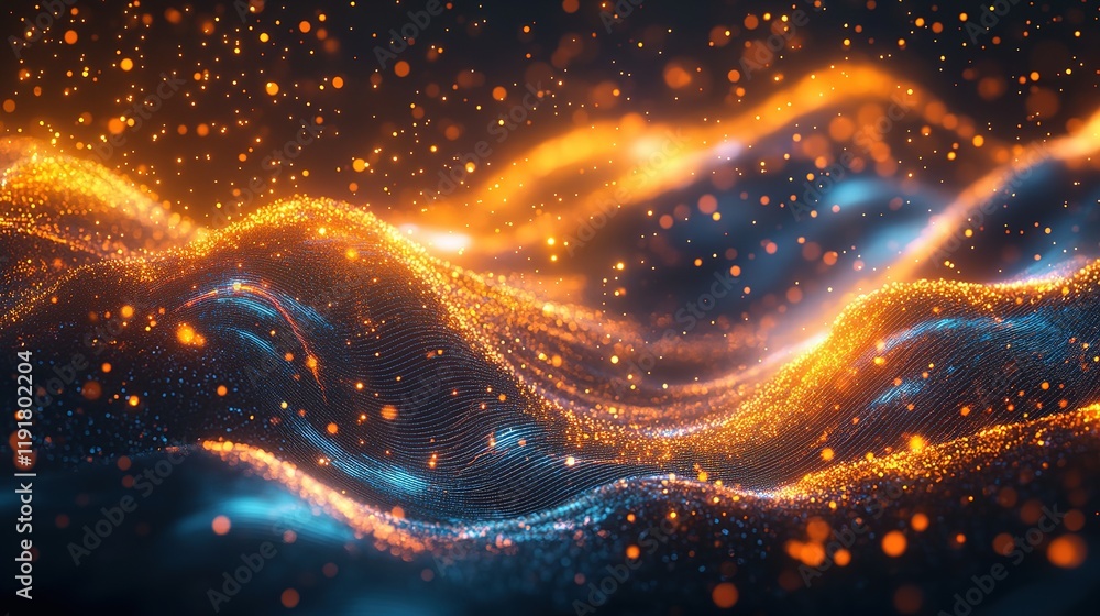 Poster dynamic waves of light and color abstract visuals digital art enigmatic environment aerial view ener