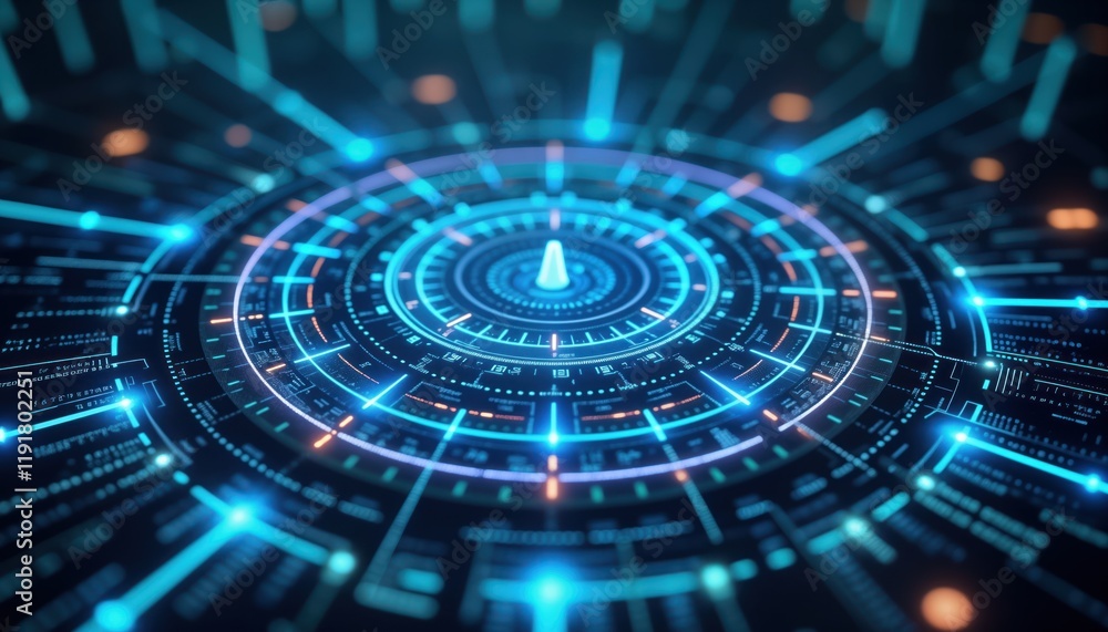 Poster futuristic tech design shows concentric circles with glowing radial lines. electric blue shades crea