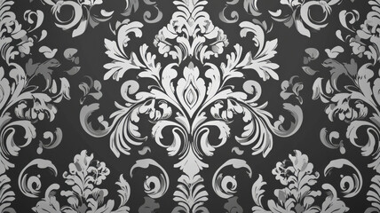 Obraz premium Sophisticated damask wallpaper with intricate silver floral patterns set against a rich charcoal background, adding a luxurious, elegant touch to any upscale interior. 