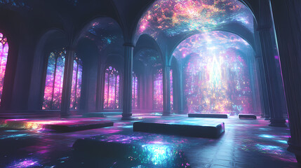 Fototapeta premium Mystical fantasy library meditational room with illuminating ethereal lights. generative ai. Shadowfern. Illustration