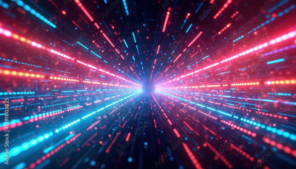 Poster vibrant neon lines create tunnel effect with holographic texture. glowing lines converge in central 