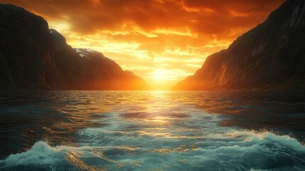 Fiery Fjord Sunset, Norway; Dramatic seascape, travel