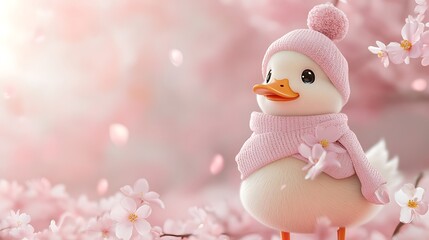 Cute duckling in pink attire amid cherry blossoms springtime delight