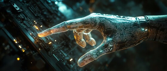 Human hand reaching out to robot finger, AI and machine learning partnership, digital collaboration, tech world innovation, glowing circuits, futuristic technology