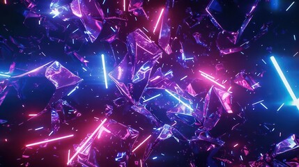 Abstract digital art featuring vibrant neon lights and shattered glass fragments.
