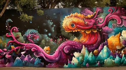 Obraz premium Vibrant Street Mural Featuring Colorful Abstract Creature Surrounded by Lush Elements and Fantastical Background in Urban Setting