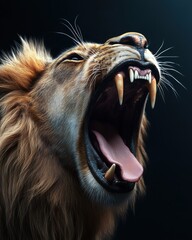 Close-up view of a roaring lion with detailed focus on its open mouth, sharp teeth, and textured mane against a dark background.