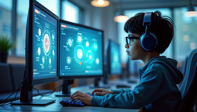 Young boy focused on computer screen. Using laptop in modern school. E-learning session happening. Future tech tools in school classroom. Boy wears headphones, glasses. Modern tech classroom setting.
