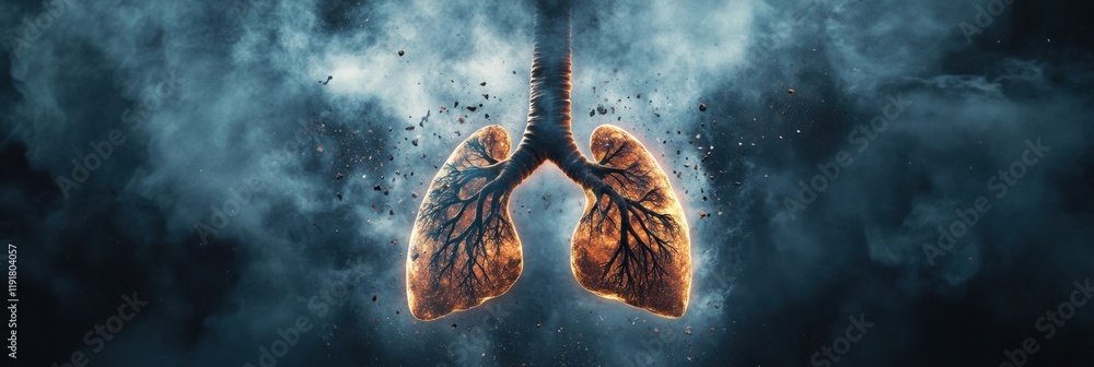 Poster Lungs depicted against a backdrop of smog and dust particles highlighting air pollution effects on health. Generative AI