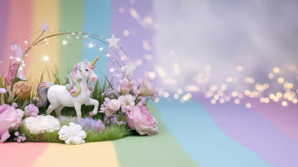 Obraz premium Magical Unicorn in Rainbow Floral Scene with Fairy Lights
