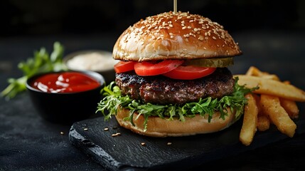Juicy Beef Burger with Sesame Bun and Fries