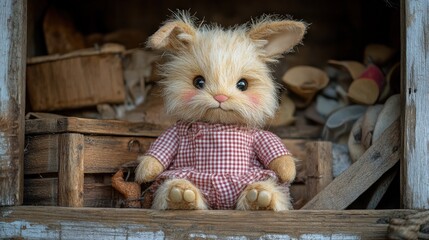 Obraz premium Fluffy bunny toy sits in rustic wooden crate