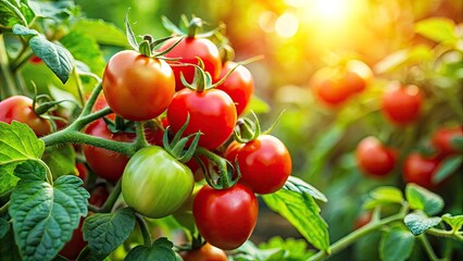 Close-Up Cherry Tomato Garden Photography: Vibrant Red Tomatoes Growing on Vine