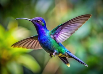 Fototapeta premium Costa Rican Hummingbird in Flight - Violet Sabrewing, High-DOF Wildlife Photography