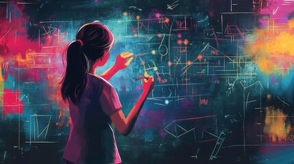 Student Drawing Mathematical Equations on Chalkboard, Vibrant Illustration of Young Girl Solving Problems