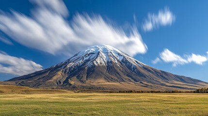 Fototapeta premium Majestic snow-capped volcano under blue sky and wispy clouds, showcasing vast grassy landscape and natural beauty in New Zealand's stunning scenery