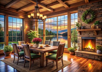 Fototapeta premium Cozy Lakeside Cabin Dining Room: Aerial View, Rustic Interior Design, Lake House, Scenic Dining