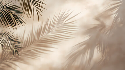 Fototapeta premium Beautiful texture of beige brown luxury, smooth stucco wall with soft foliage dappled light of tropical tree leaf shadow. Shadowfern. Illustration