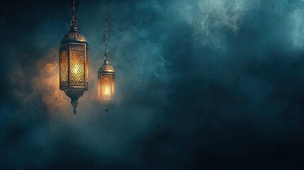 Glowing lanterns hanging in smoky night. Ramadan celebration