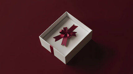 Blank white gift box open or top view of white present box tied with red ribbon bow isolated on dark red background with shadow minimal conceptual 3d rendering. Shadowfern. Illustration