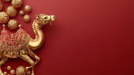 Obraz premium Golden camel figurine, red background, decorative balls, festive design, holiday card