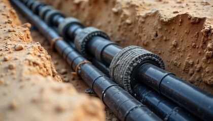 Close-up view of expert pipe relining process. Adhesive layer bonds to pipe walls. High-detail textures visible. Neutral industrial colors. Infrastructure maintenance in progress. Construction site.