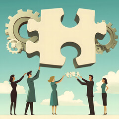 Teamwork Concept with Puzzle Pieces and Collaboration Icons
