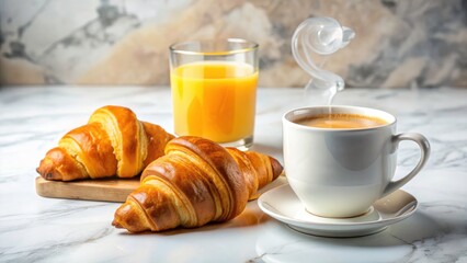 Delicious Breakfast: Croissant, Coffee, Juice - Marble Background Photography