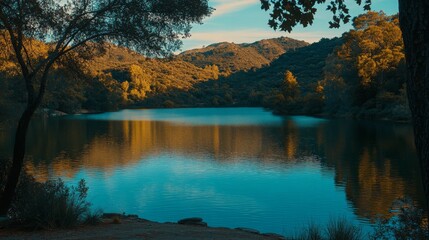 Fototapeta premium Tranquil Lake Surrounded by Lush Trees and Rolling Hills Under a Beautiful Blue Sky, Ideal for Nature and Landscape Photography Enthusiasts