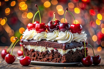 Delicious Cherry Chocolate Cake with Whipped Cream - Sweet Dessert Photography