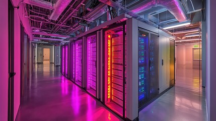 State-of-the-Art Data Center with Two Active Server Racks and LED Lights Showing Database Activity