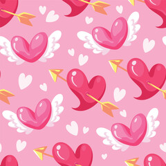Seamless pattern cartoon of a sweet pink heart with pure white wings and another pink heart with a golden arrow. Pattern design for children fabric, wrapping paper, wallpaper and fashion prints.