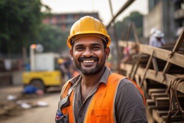Smiling portrait of a young male Indian construction worker