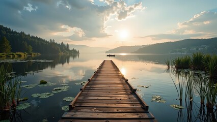Fototapeta premium Sun-kissed wood pier stretches gracefully over serene waters, with neatly aligned planks inviting peaceful exploration along its tranquil path