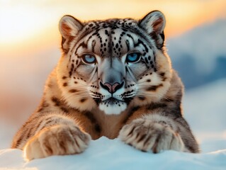 Fototapeta premium Snow leopard resting on snowy ground during sunset, with golden light illuminating its fur and vibrant blue eyes.