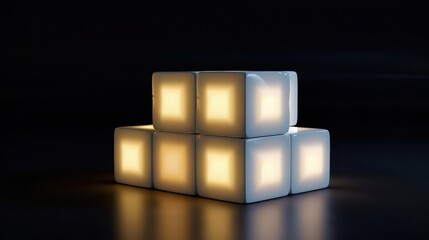 A stack of illuminated cubes glowing softly in a dark setting, creating a modern aesthetic.